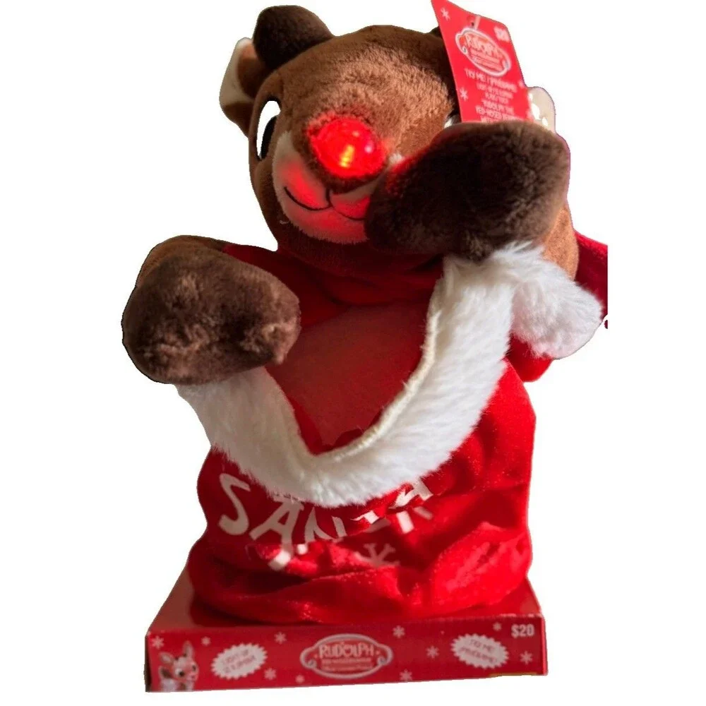 Rudolph In A Santa Sack  Plays Sayings Peekaboo With You Christmas  Nose Glows